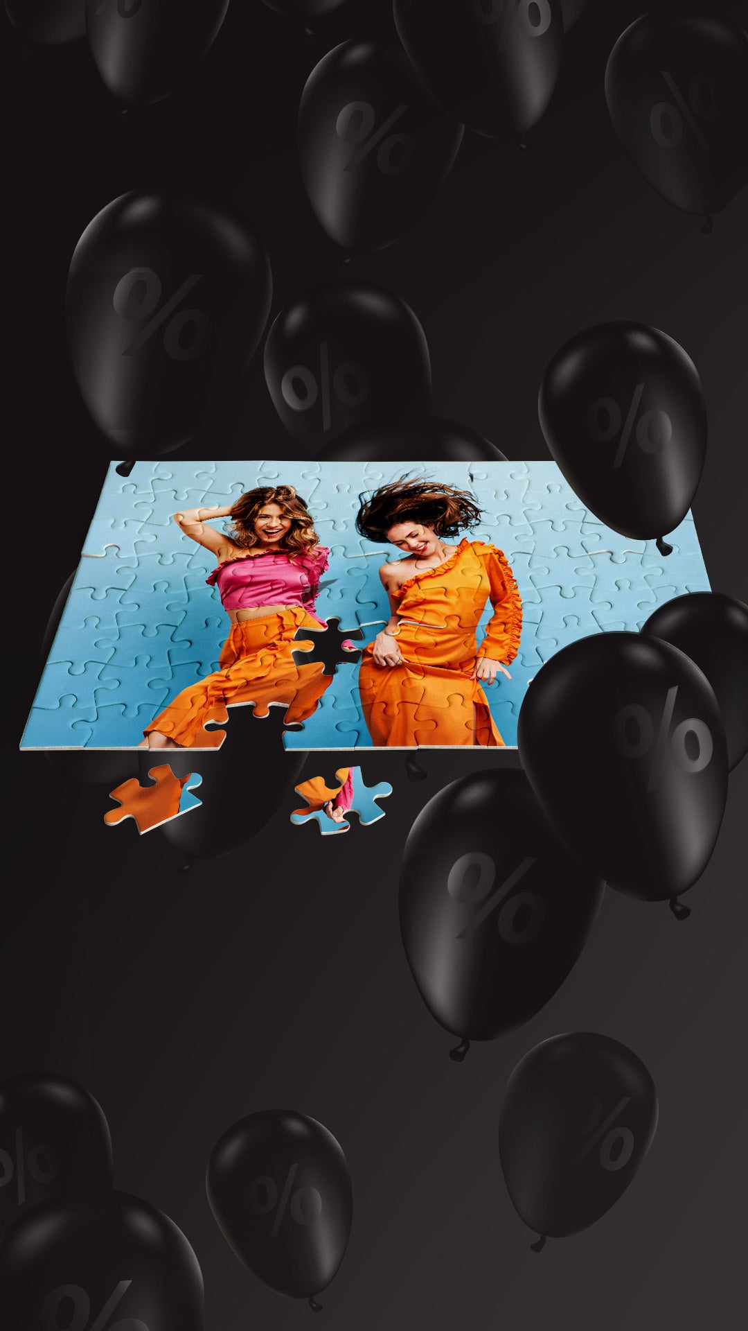 Jigsaw puzzle with two people on a black background with balloons
