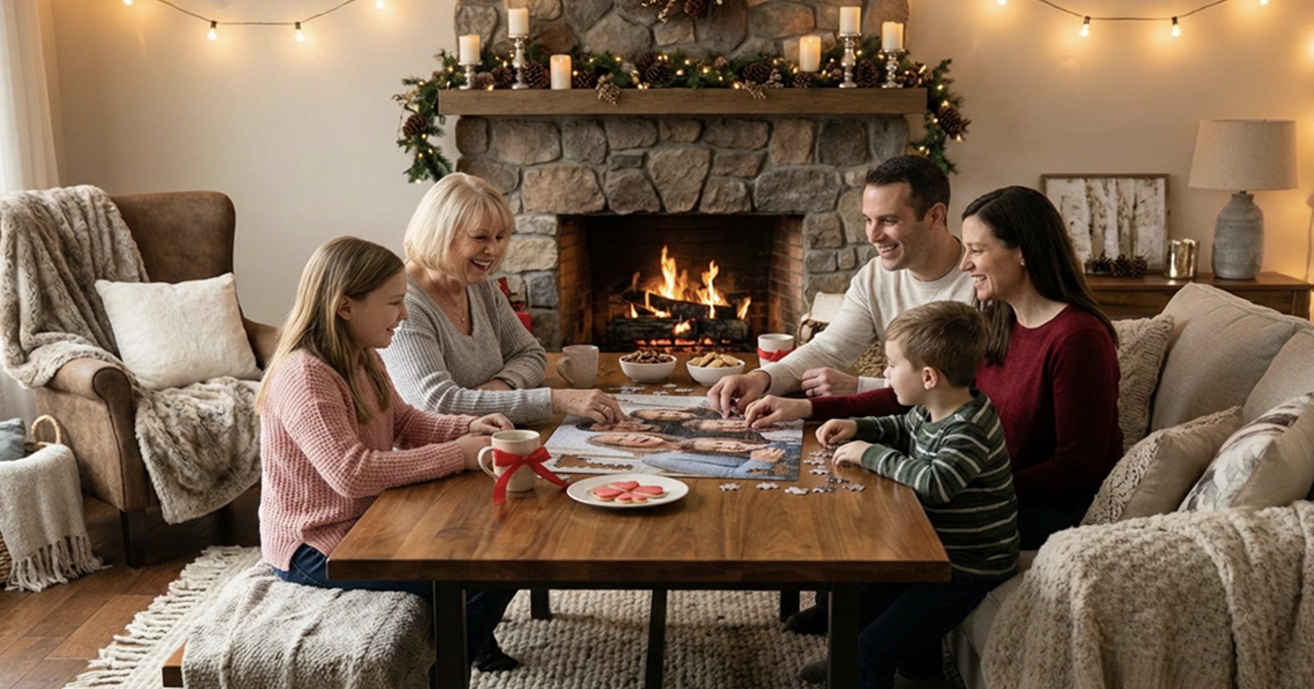 Family gathered around a table in a cozy living room with a fireplace.