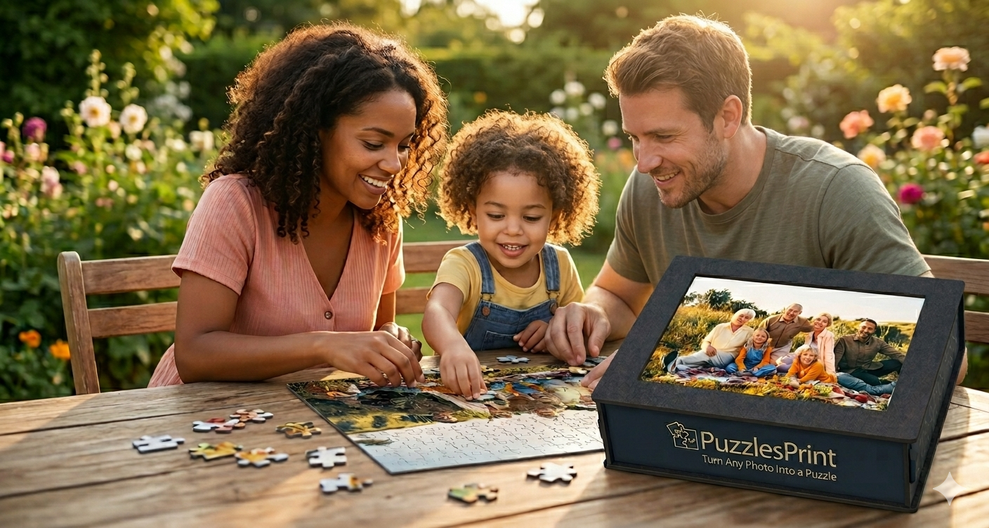 Family working on a puzzle together outdoors with a 'PuzzlesPrint' box