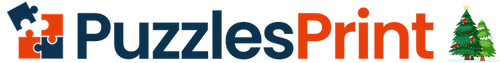 Logo of PuzzlesPrint with a puzzle piece and Christmas tree icon.