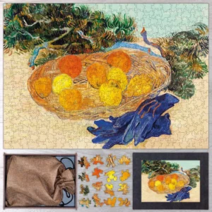 Still Life of Oranges and Lemons with Blue Gloves