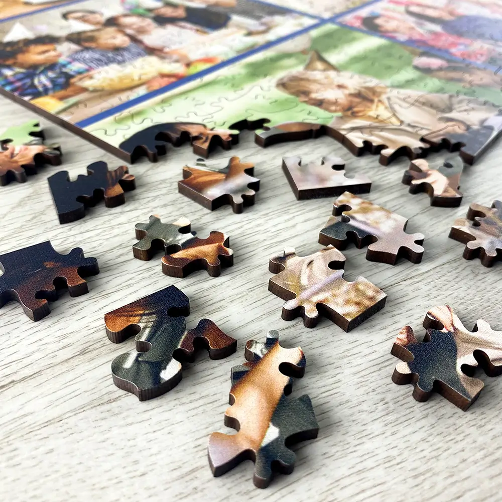 Wooden photo collage puzzle pieces